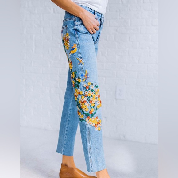 Free People Floral Embroidered Blue Jeans - Picture 2 of 8